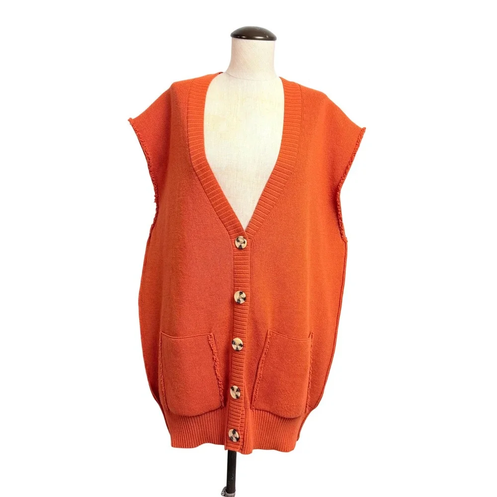 Free‎ People Orange Oversized Cardigan Sweater Vest Ribbed Knit Button Front M